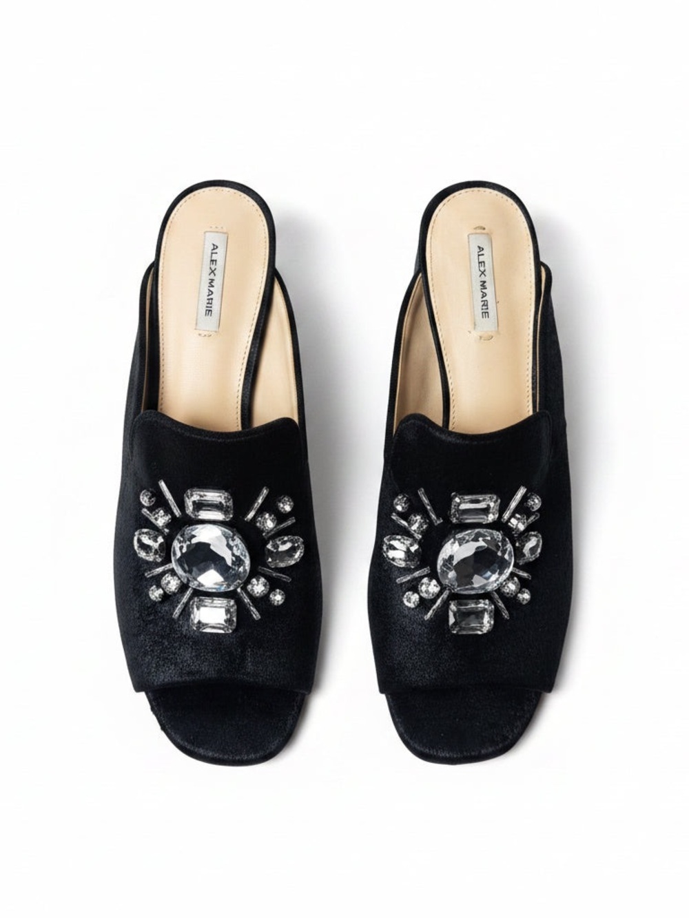 Alex Marie Black Velvet Jewel-Embellished Block Heel Mules